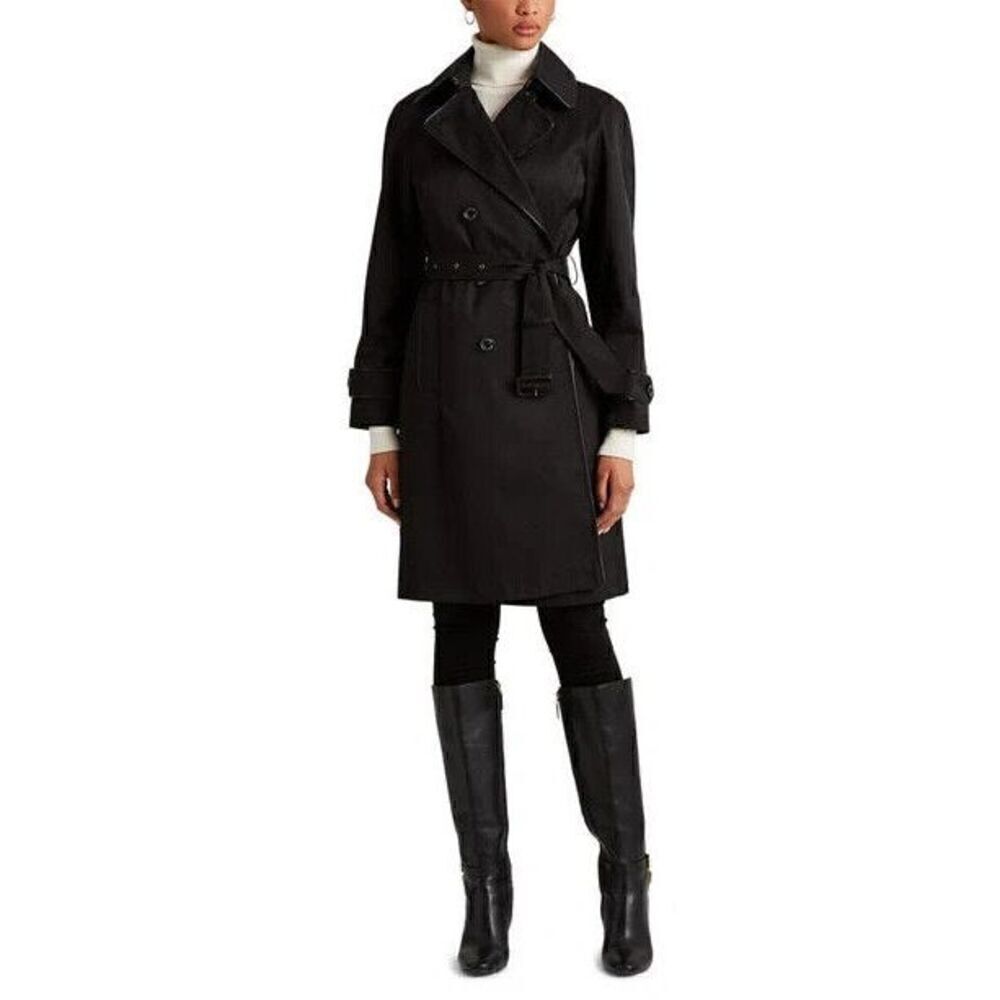 New Lauren Ralph Lauren Belted Double Breasted Trench Coat in Black Size Large